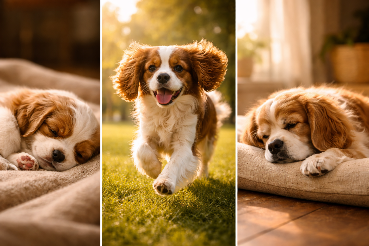 Três fases de vida do Cavalier King Spaniel em imagem narrativa