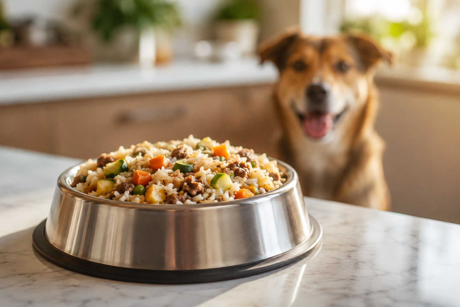 Tigela de alimentação natural fresca para cães, sem congelamento, ilustrando a segurança do processo autoclave da Natua Pet