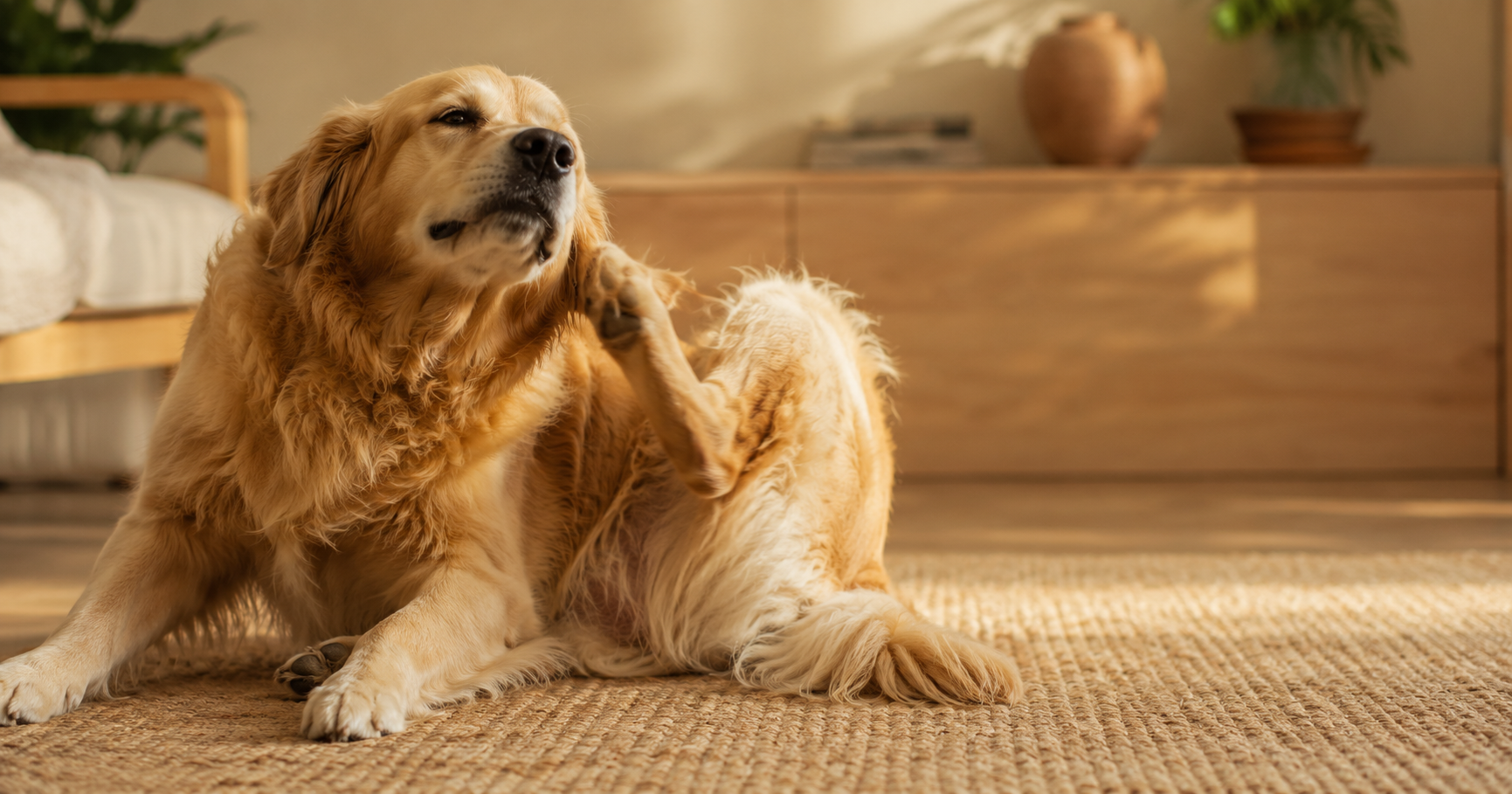Golden Retriever coçando a orelha, ilustrando sinais de alergia alimentar em cães
