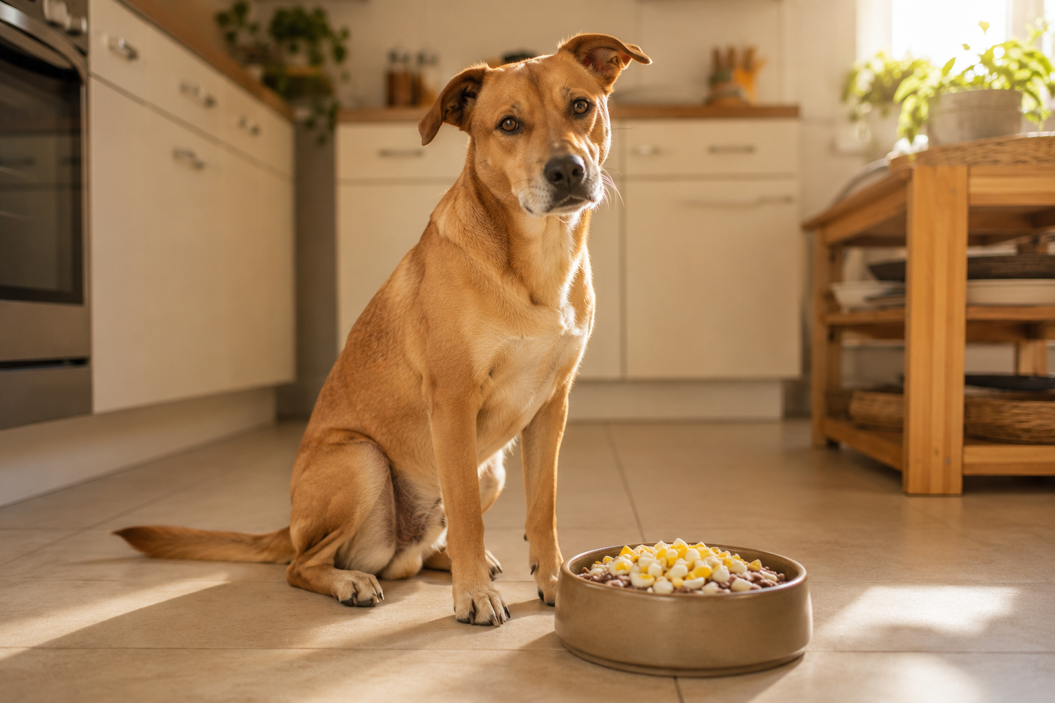 Cachorro sentado ao lado de tigela de ceramica com ovo cozido picado, ilustrando alimentação natural para cães