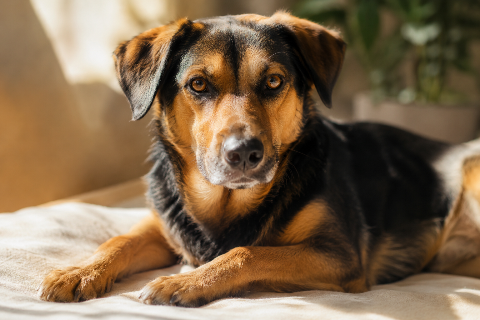 Cão saudável com pelagem brilhante e olhos alertas — saúde intestinal e microbiota canina