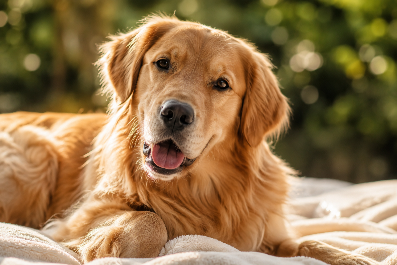 Golden Retriever deitado saudável ao ar livre — saúde intestinal e fezes caninas