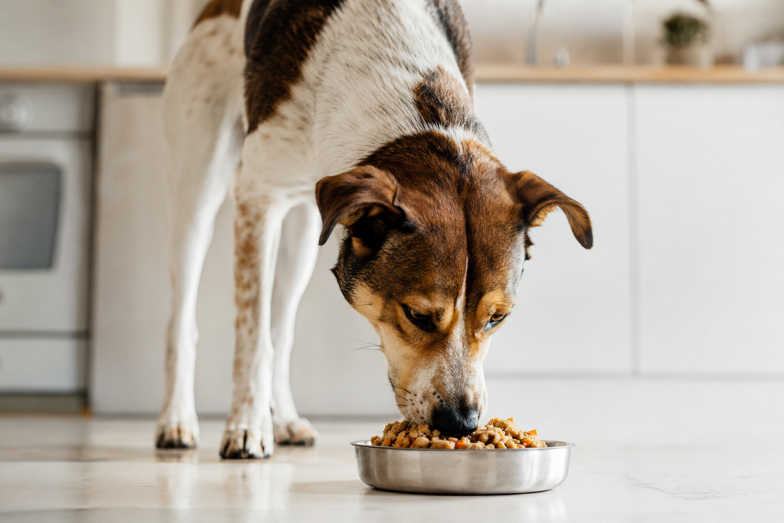 Cachorro comendoração hipoalergenica em tigela de inox — alternativa à ração hipoalergênica