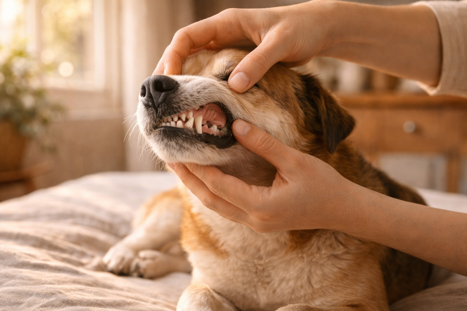 Mãos verificando a saúde bucal de cão vira-lata