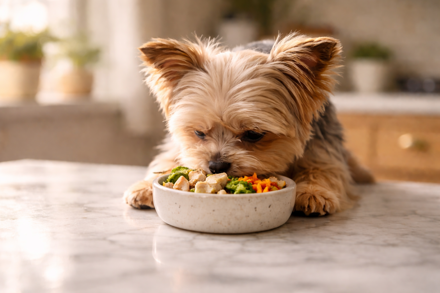 Yorkshire Terrier comendo delicadamente em tigela de cerâmica