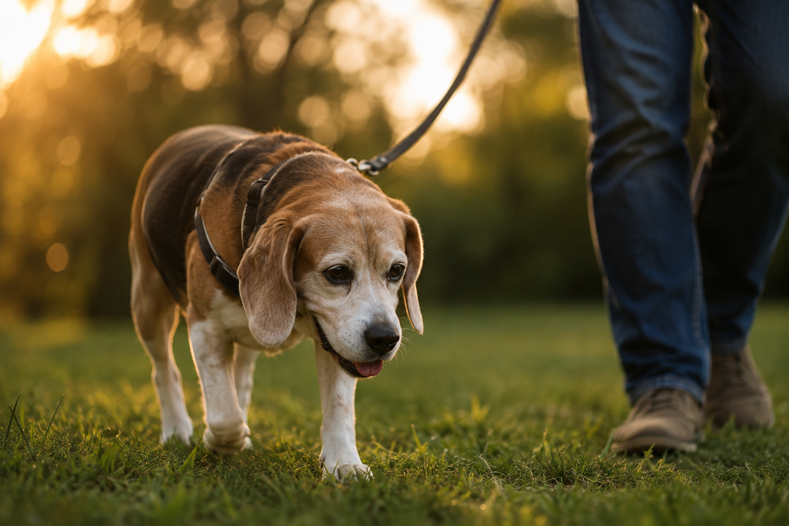 Beagle na grama ao lado do tutor — exercício e mobilidade para cão sênior