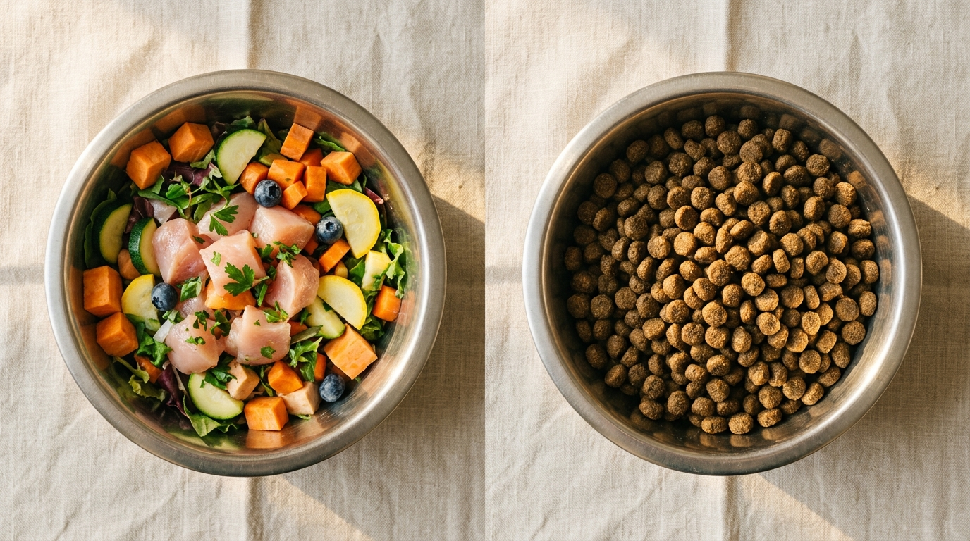 Tigela com ingredientes frescos ao lado de tigela com ração seca — comparação alimentação natural vs ração para cães