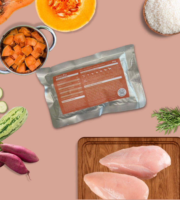 alimentação natural de frangopara cães com peito, sobrecoxa, abobrinha, batata doce e arroz