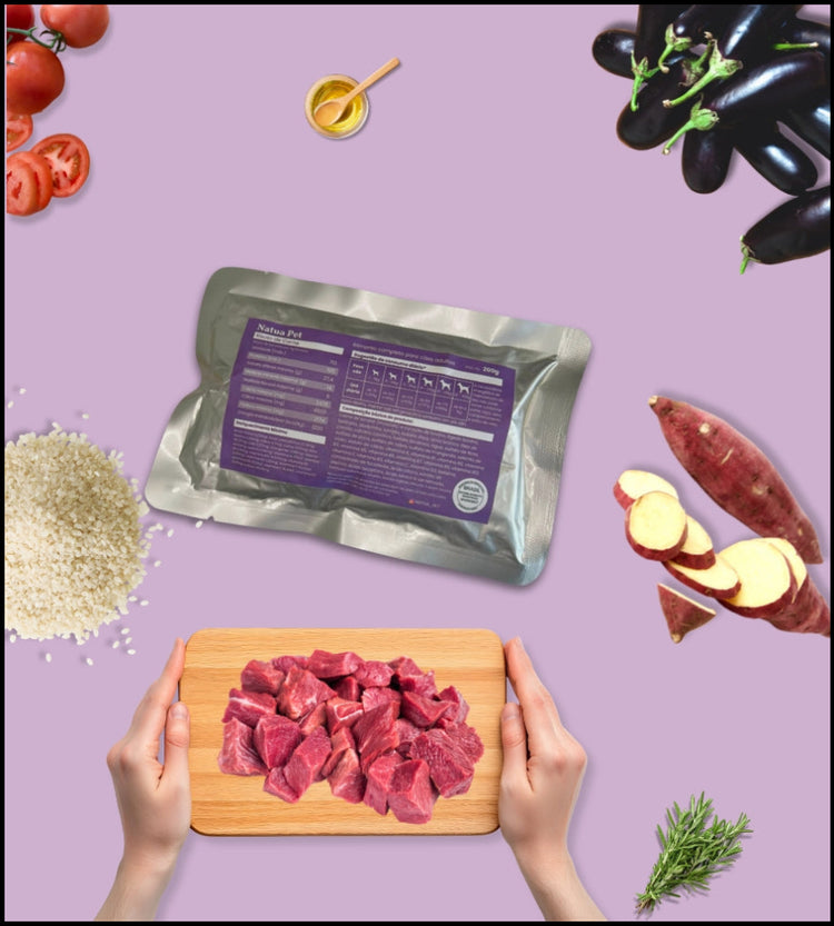 alimentação natural de bovino para cães com músculo, fígado, berinjela, batata doce e arroz