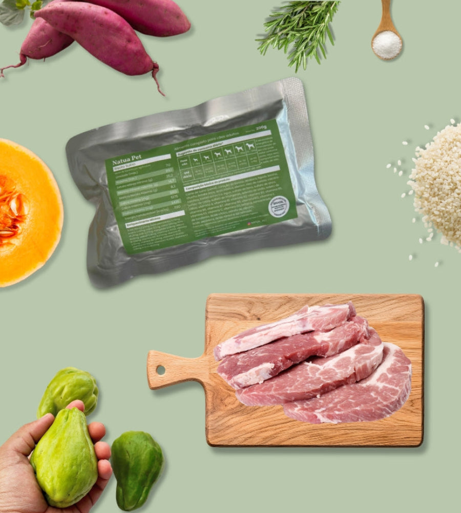 alimentação natural de suíno para cães com pernil, abóbora, batata doce e arroz