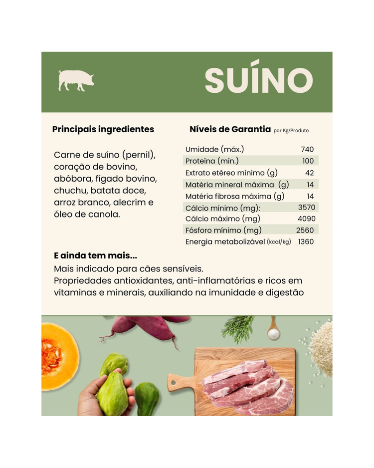 Tabela do Risoto Suíno Natua Pet com ingredientes (pernil suíno, coração e fígado bovino, abóbora, chuchu, batata-doce, arroz, alecrim e óleo de canola) e níveis de garantia